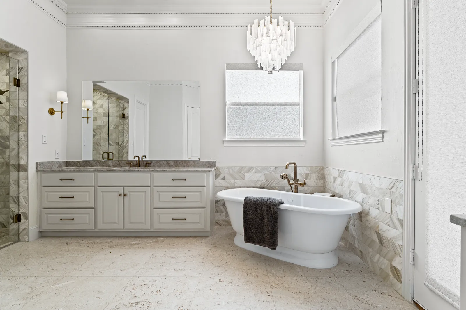 Powder room with black and gold wallpaper at Prestwick Ln in Dallas, TX after the renovation