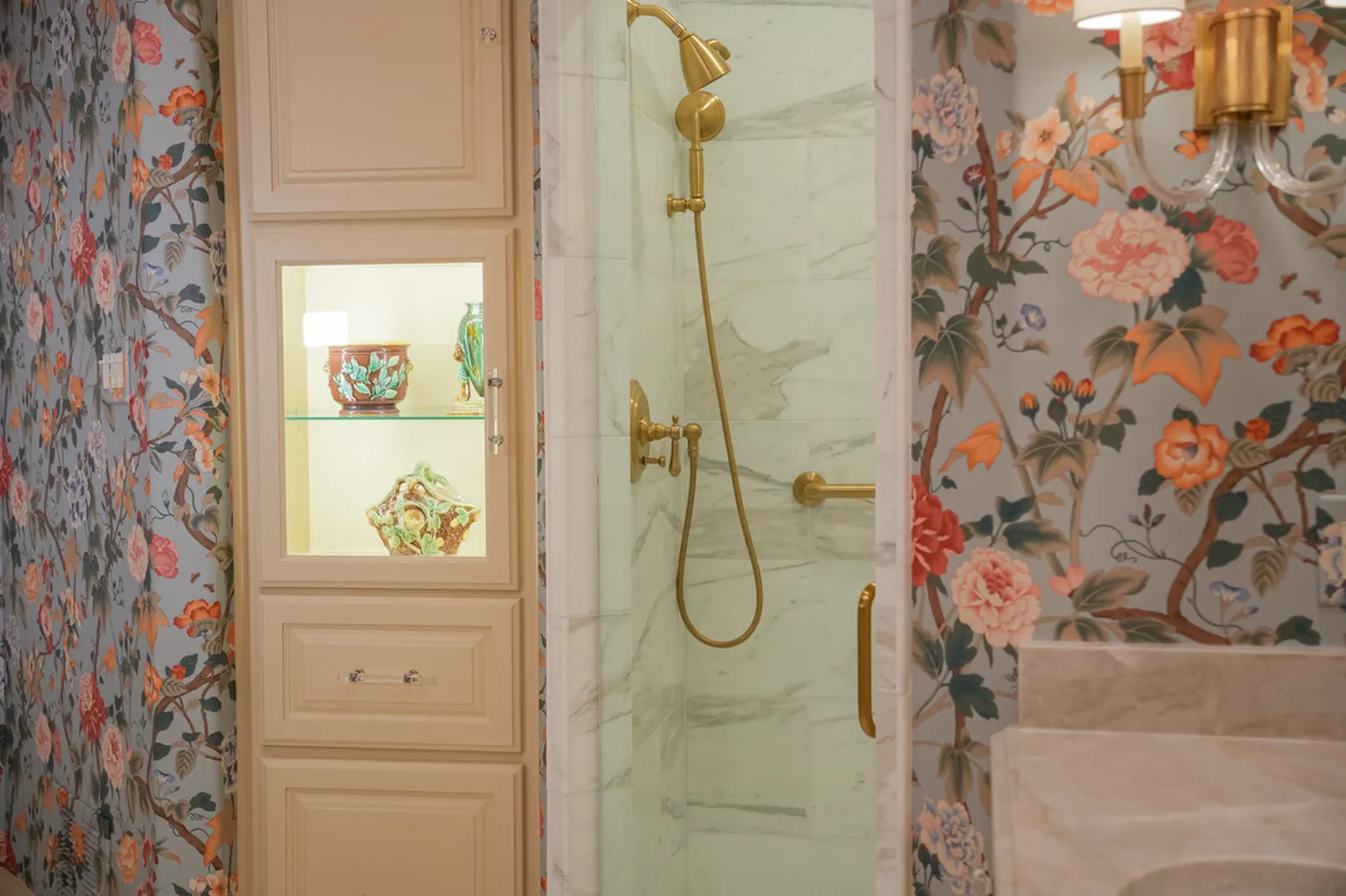 Walker Zanger tile shower with brass fixtures at Shubert Ct. in Dallas